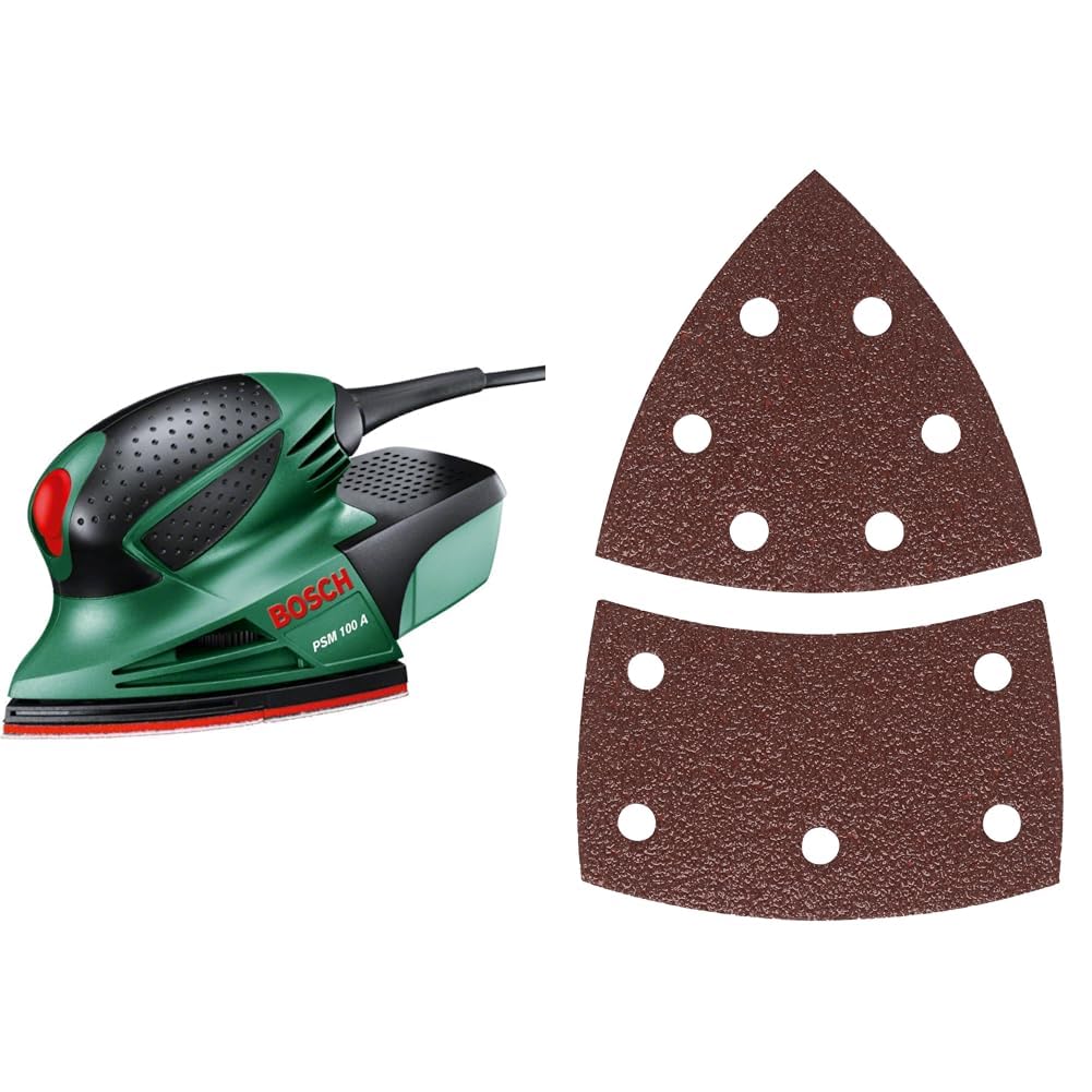 Bosch PSM 100 A szlifierka wielofunkcyjna & Bosch tarcza szlifierska (10 sztuk, do farby, lakieru, drewna twardego/miękkiego, płyt wiórowych, metalu, rdzy, akcesoria do szlifierek wielofunkcyjnych)