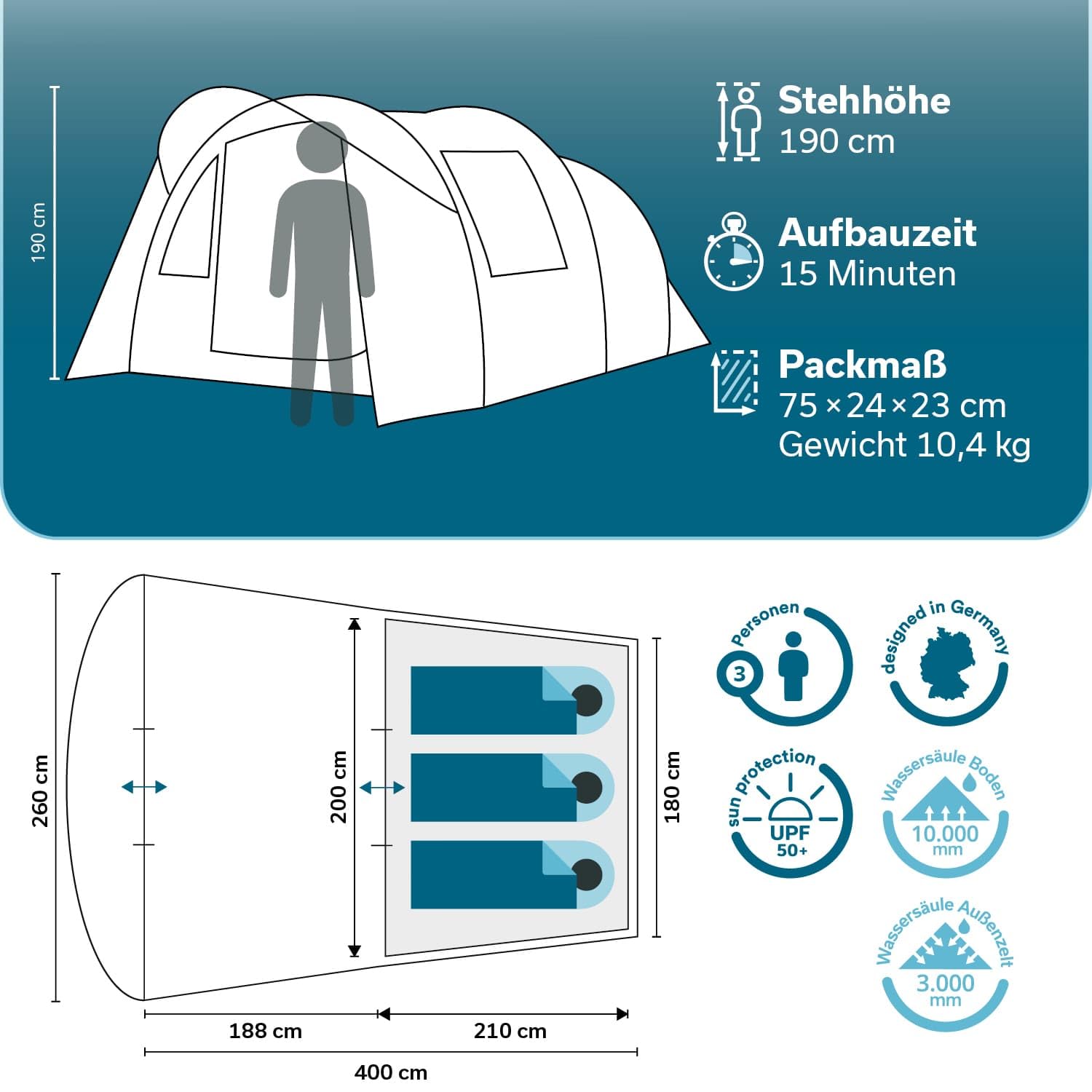 Skandika Tenda a tunnel Isken 3 Protect, tenda da campeggio per 3 persone, finestra con zanzariera, fondo cucito, impermeabile, colonna d'acqua 3000 mm, con canopy, tenda per campeggio, festival