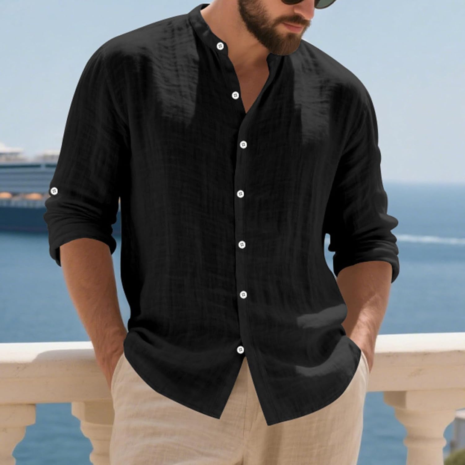 Men's Button Down Linen Shirts, Long Sleeve Casual Beach Wedding Shirts, S-2XL