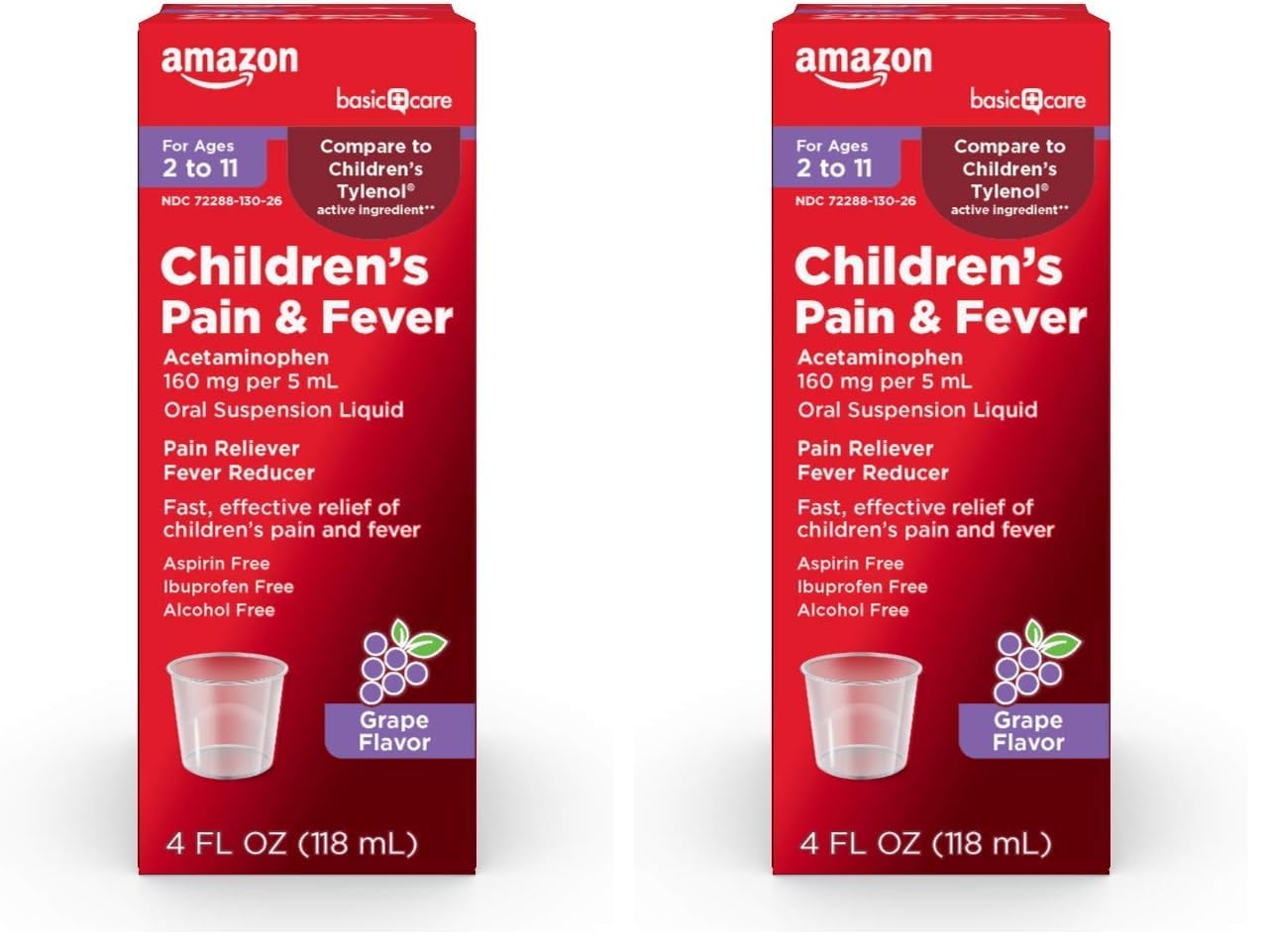 Amazon Basic Care Children's Acetaminophen 160 mg per 5 mL Oral Suspension, Grape Flavor, Pain Reliever and Fever Reducer for Headache, Sore Throat and Toothache, 4 fl oz (Pack of 2)