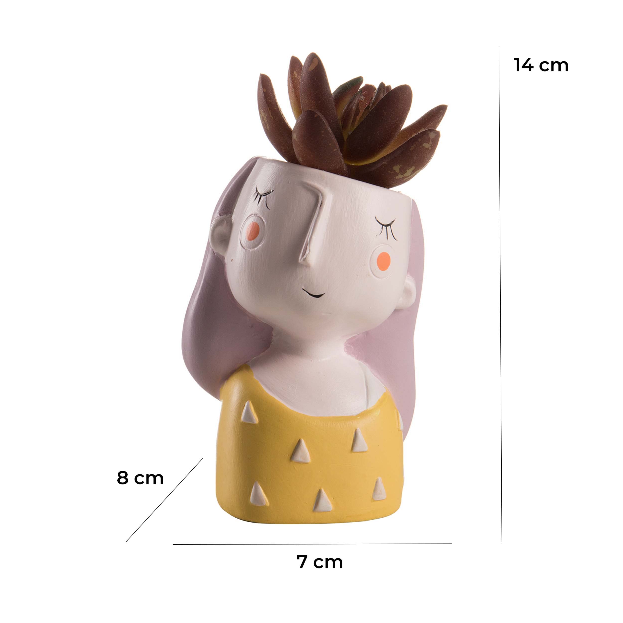 Baroni Vaso Testa Girl con pianta Artificiale. Set 4 sculture Colorate in Ceramica 8X7X14 cm