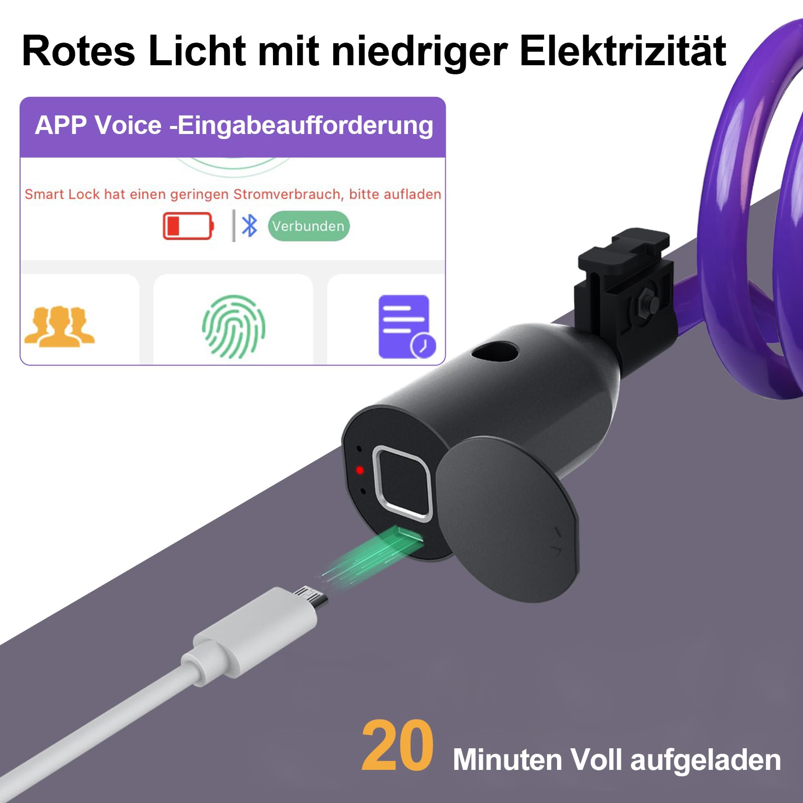 eLinkSmart - Lucchetto elettronico per bicicletta, con app Bluetooth e impronte digitali, lunghezza 150 cm, senza chiave, per bici elettrica, scooter, moto, impermeabile, viola