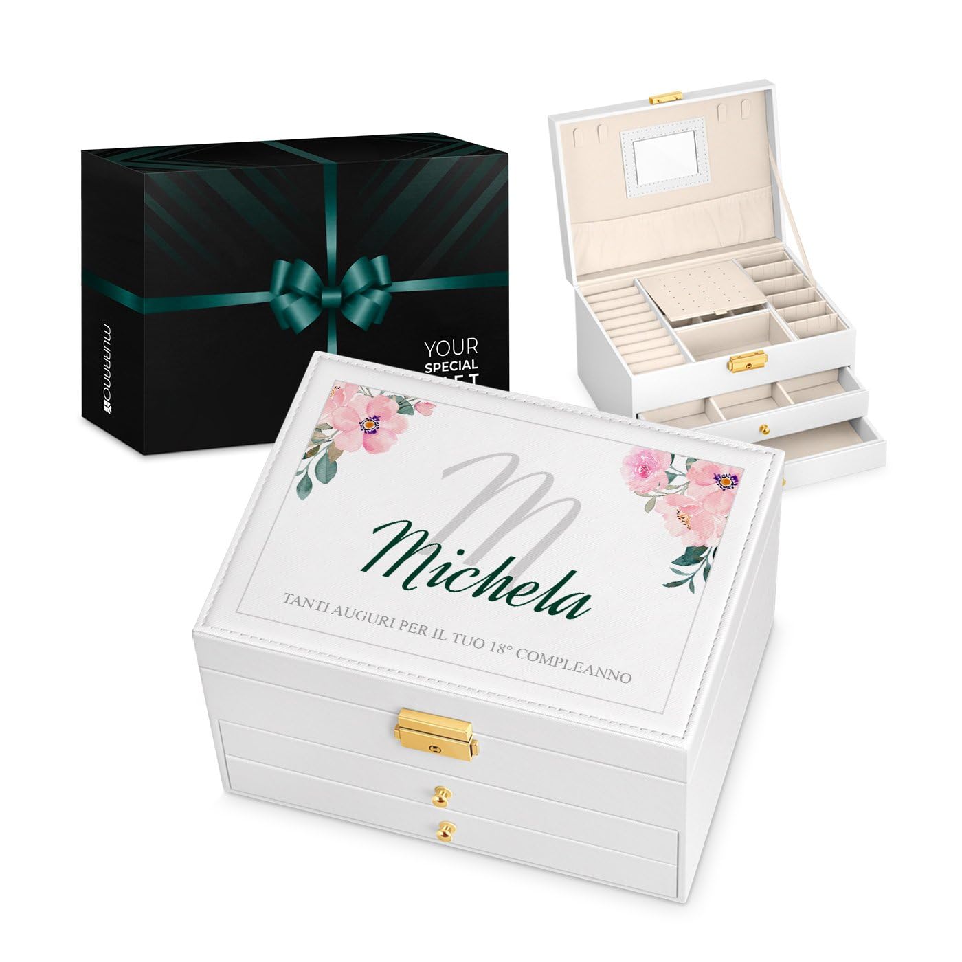 Maverton Portagioie Personalizzato per Donna - Elegante Scatola Personalizzabile con Foto e Dedica - Portagioielli con Stampa per Lei - Organizer per Gioielli per Compleanno - Fiori