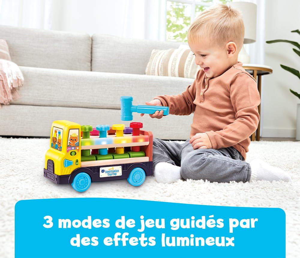 VTech – Lumi Camión Tap Tap, Camión Infantil Hablando y Musical Parcialmente de Madera, Juguete de Despertar y Motricidad Interactivo y Luminoso, Regalo para Bebé a Partir de 18 Meses – Contenido en | Camión de Juguete Interactivo en Parte de Madera, Jueg