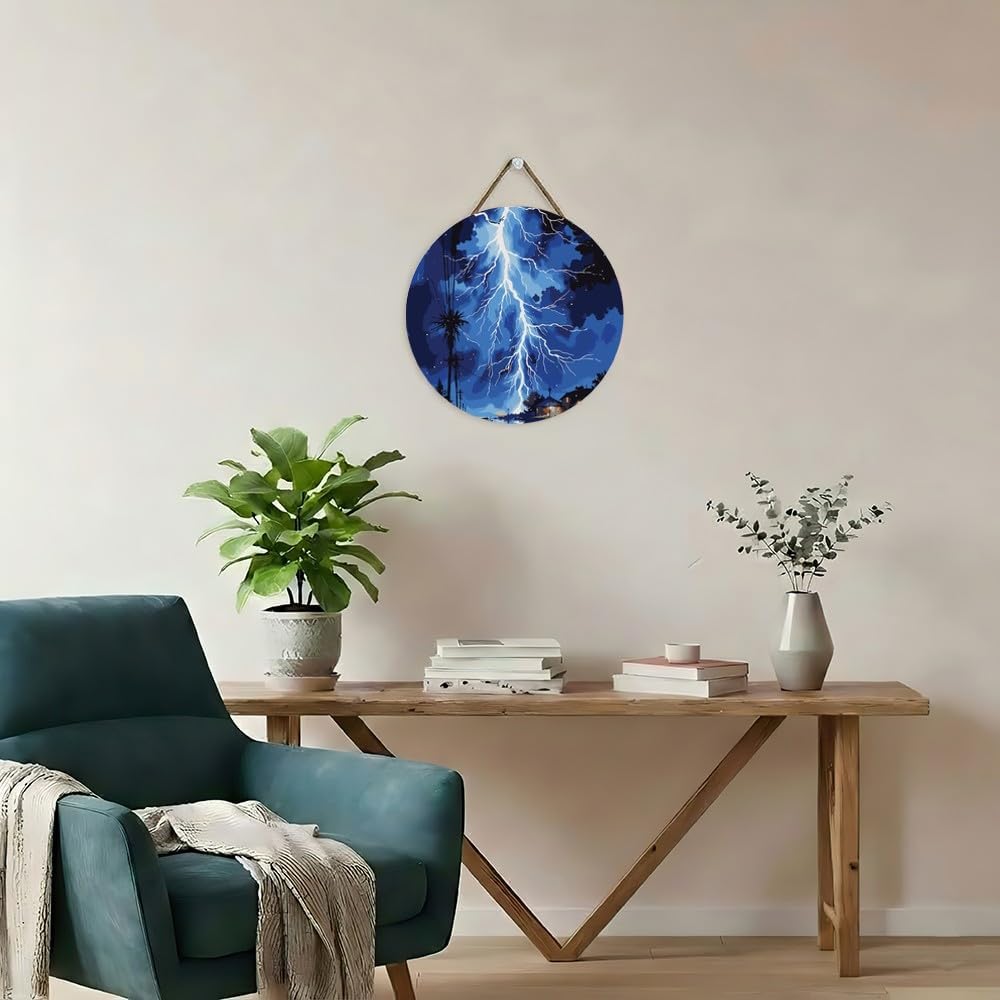 Thunderstorm Paint by Numbers Kit for Adults on Wood Board – DIY Lightning Over Lake and Houses Wood Craft Painting Kit, 12 in Round, Acrylic Paint Set, Beginner-Friendly, Relaxing Home Decor Gift