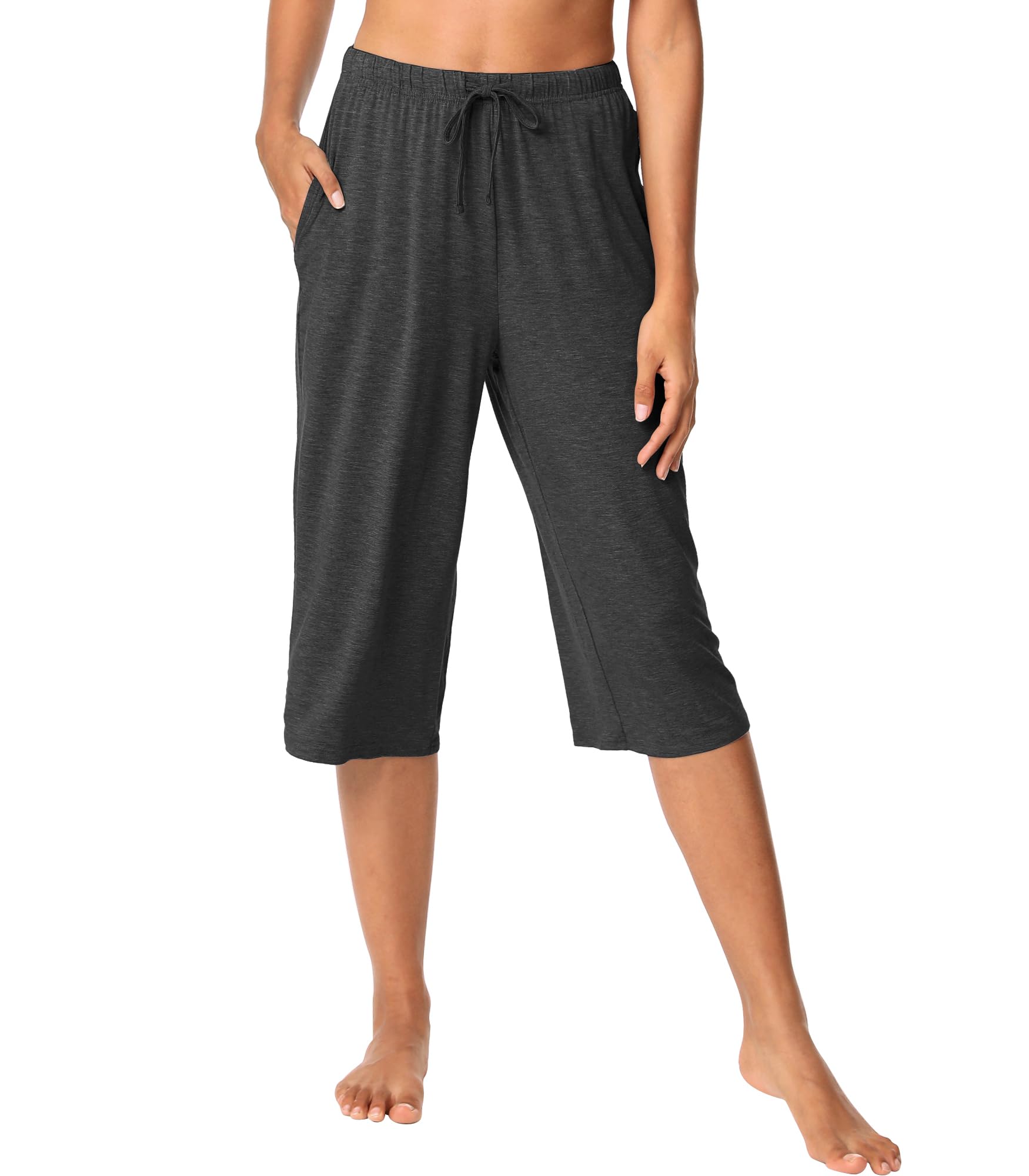 WiWi Pantaloni Capri in viscosa di bambù, da donna, a gamba larga, con tasche, in morbida maglia, taglie S-XXL