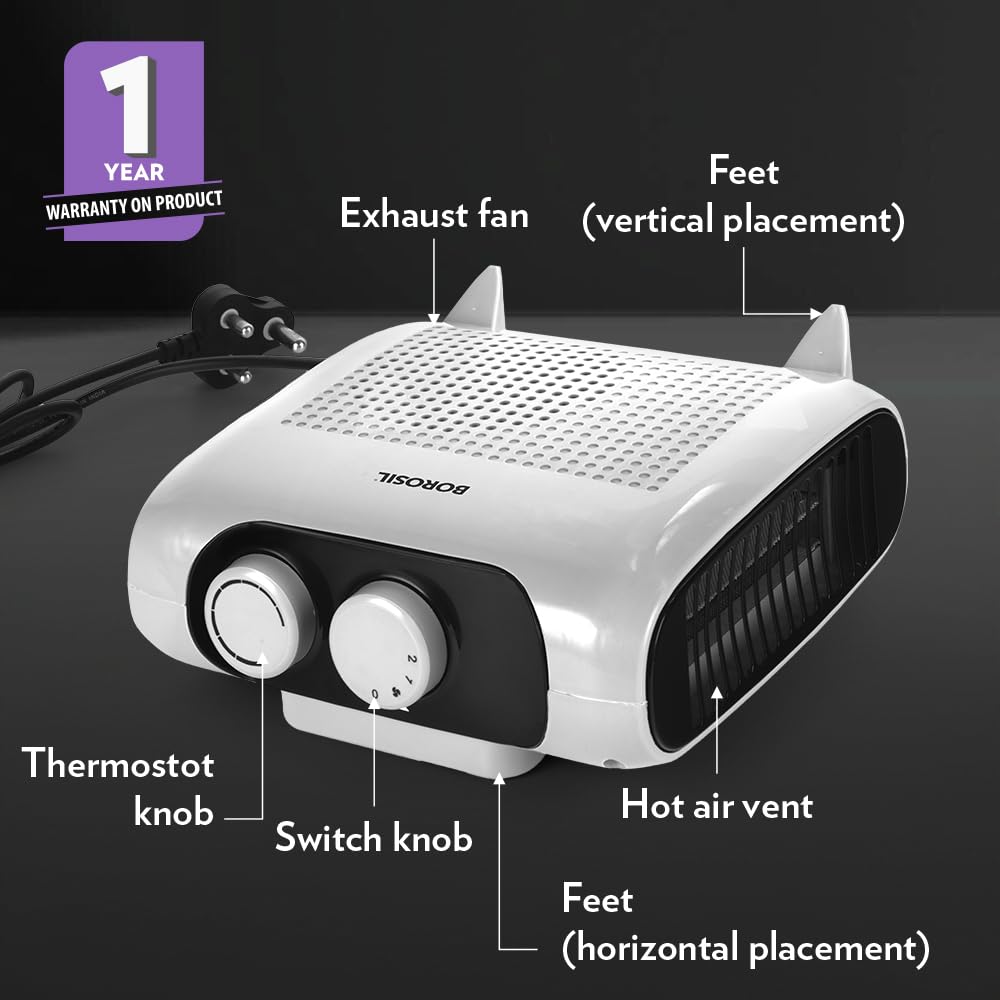 Borosil 2000W Novus Portable Electric Fan Room Heater (Made in India) | Variable Temperature Control, Horizontal & Vertical Placement | Room Heater Blower, Overheat Protection | 1 Year Warranty, Grey 4