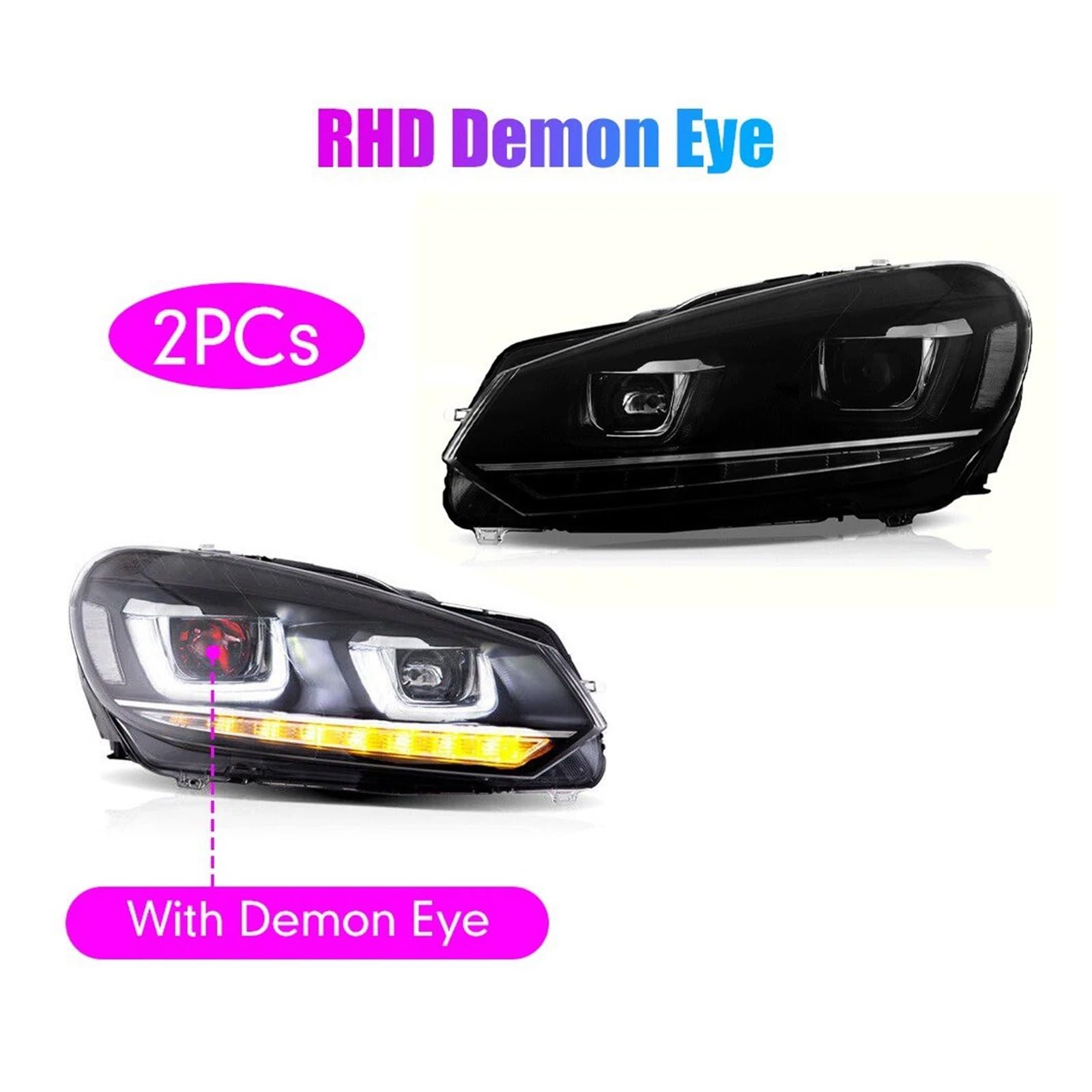 Archaic LED Frontscheinwerfer für VW für Golf 6 2010 2011-2014 Tuning Tagfahrlicht Bi Xenon Projektor Paar Scheinwerfer für Auto (RHD with Demon Eye 1 Paar)