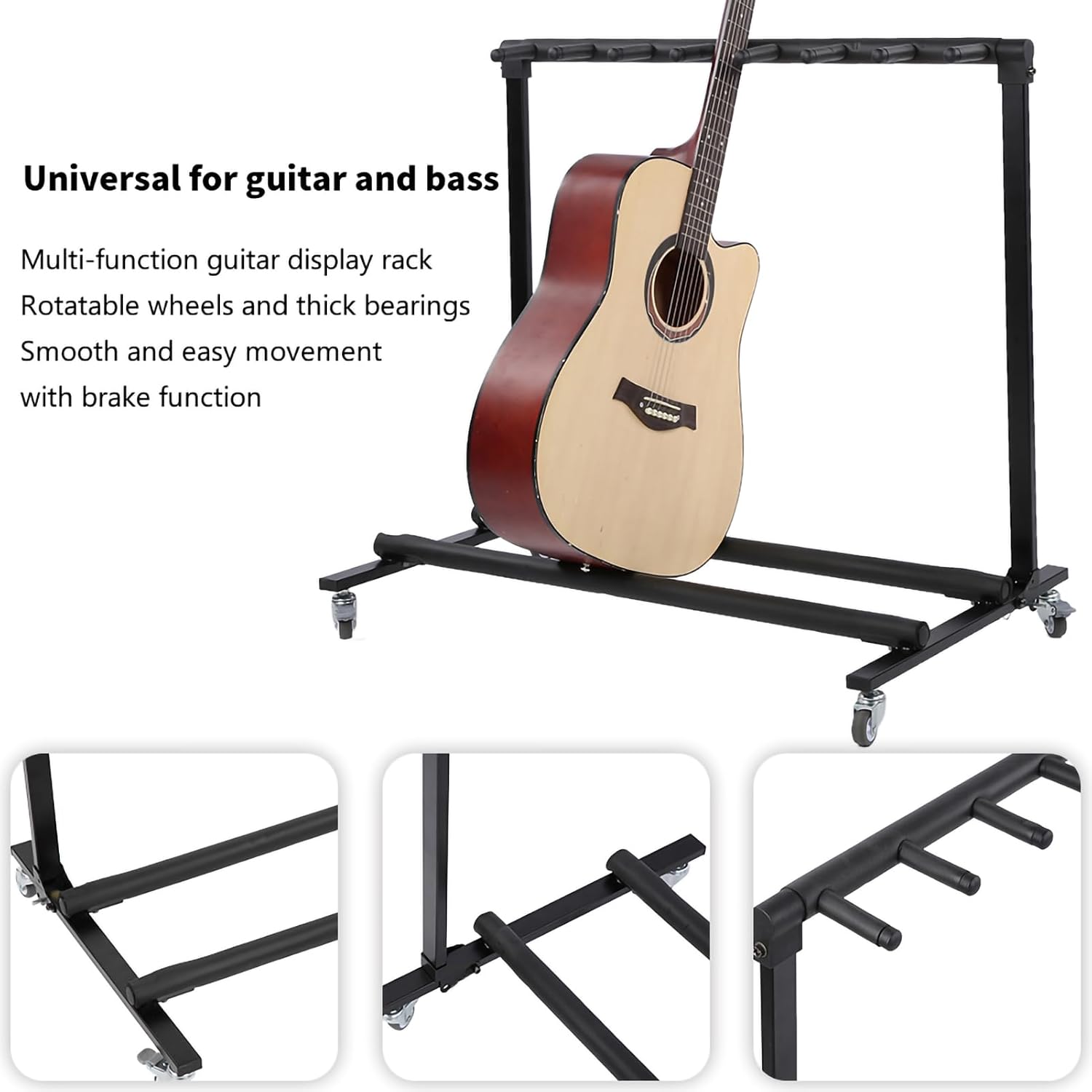 Multiple Guitar Stand, Foldable Universal Electric Bass Display Rack, Thickened Iron Pipe Rotatable Wheels Brake Function, For Guitar Bass Storage (FL-17L 7 heads)