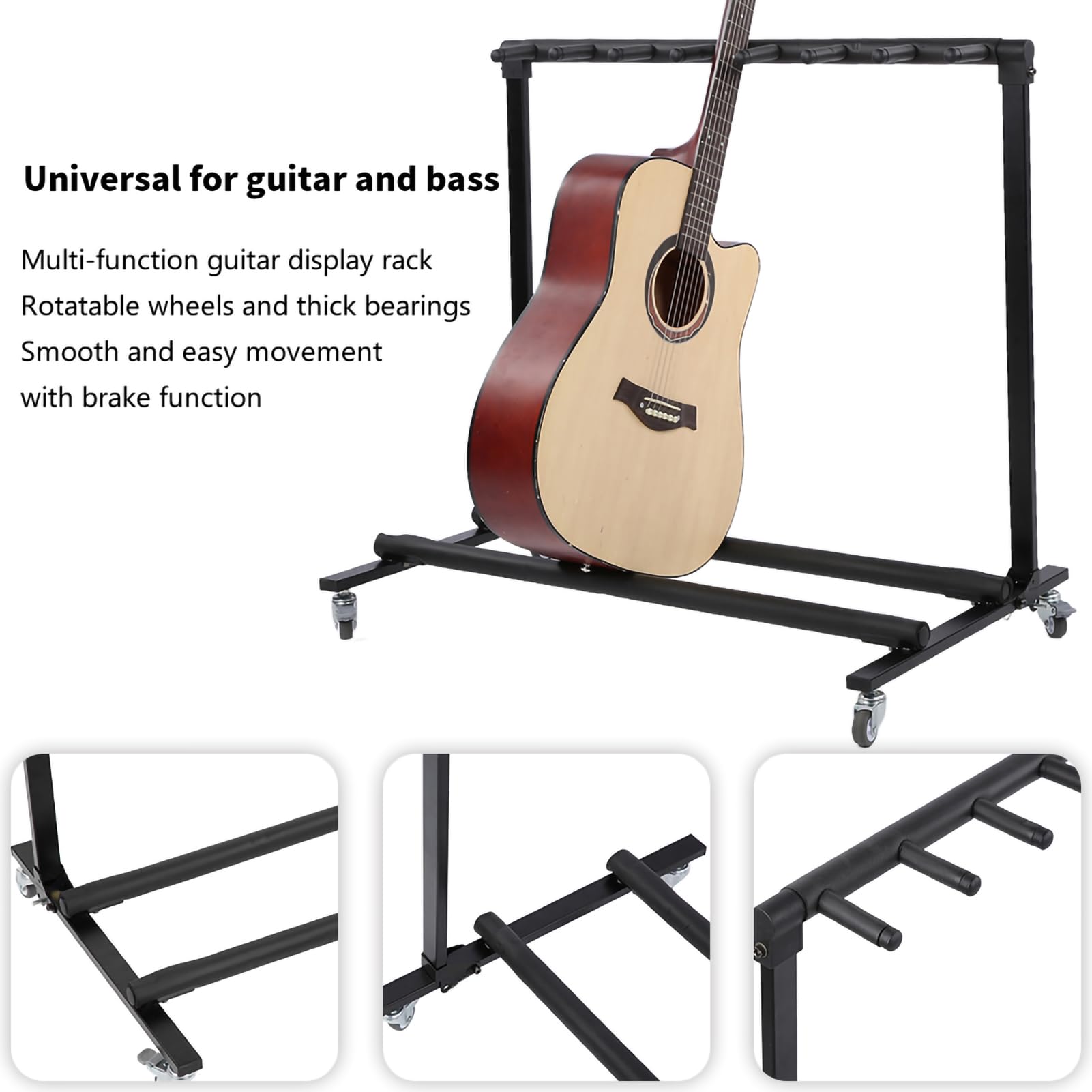 Stojak na Gitarę, Przenośny, Składany Stojak na Gitarę 3 7 Głów, z Obrotowymi kółkami. Funkcja Hamulca do Gitar Akustycznych i klasycznych. Basy. (FL-17L 7 głowic)