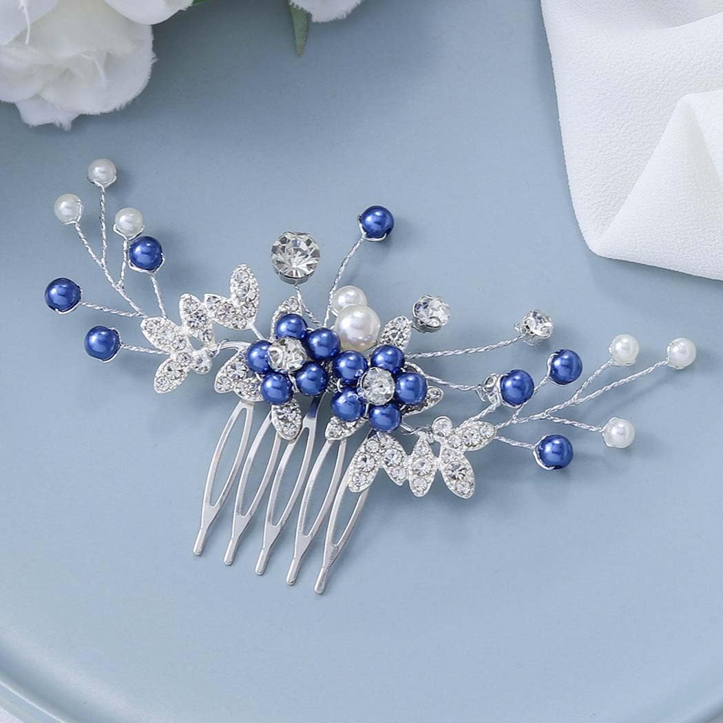 Blue Wedding Hair Comb Pearl Hair Clip Bridal Hair Accessories for Women and Girls