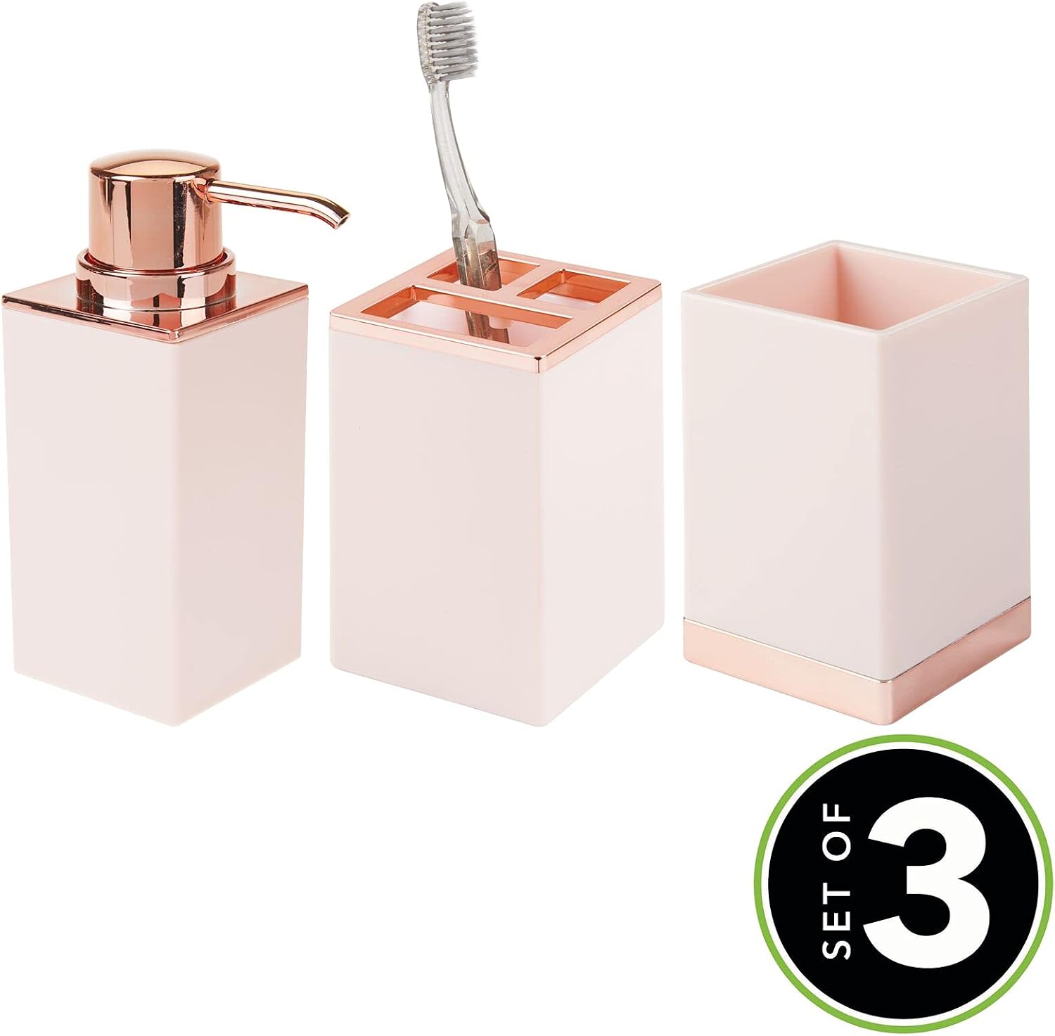 mDesign Square Plastic Bathroom Vanity Countertop Accessory Set - Includes Soap Dispenser Pump, Divided Toothbrush Holder, Tumbler Rinsing Cup - Lumiere Collection - 3 Piece Set - Light Pink/Rose Gold