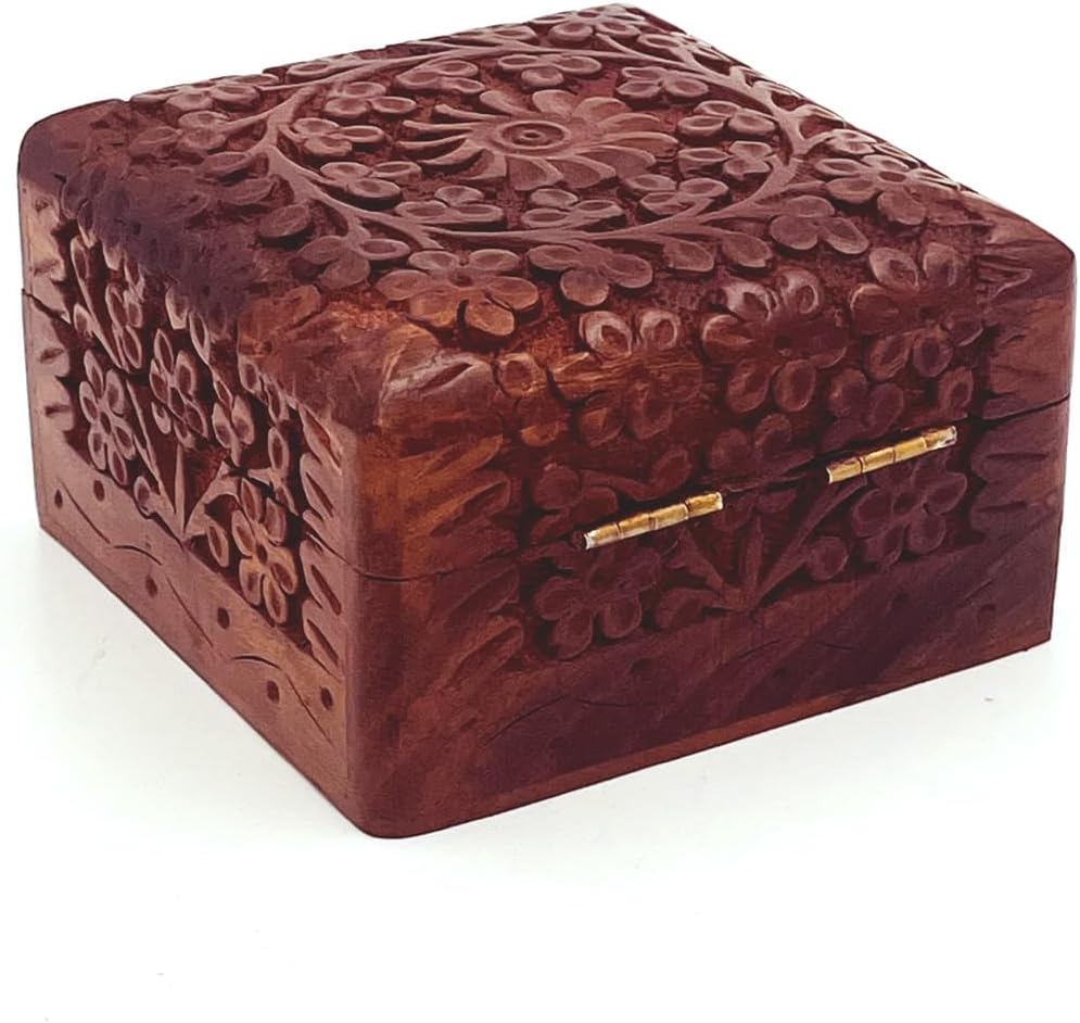 ZYNTIX Handmade Wooden Jewellery Box for Women | Jewel Organizer Hand Carved with Intricate Full Kashmiri Carvings | Wood Jewel Organizer | Jewelry box for woman Gift (4 X 4 Inch)