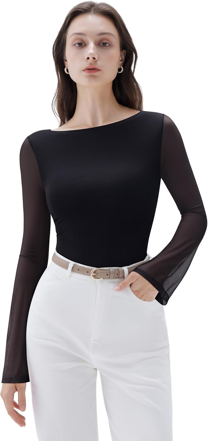 SUUKSESS Women Mesh Sheer Bell Sleeve Tops Double Lined Boat Neck Going Out Shirts - Image 2