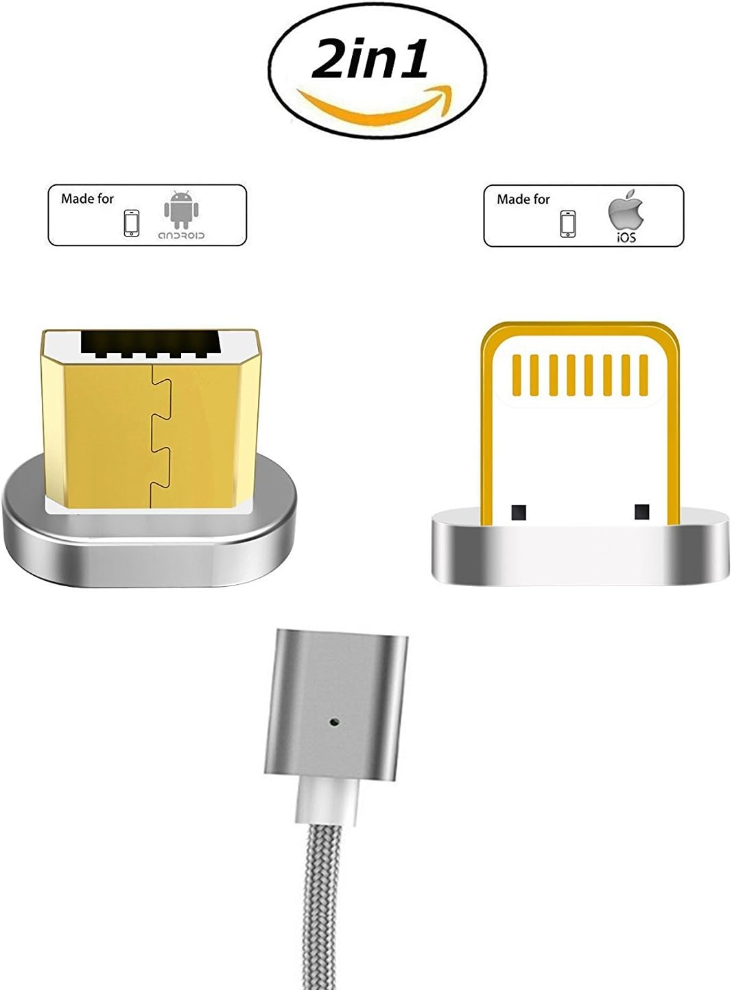 Amazon Co Jp Zrse ザスイ 2in1ケーブル 第五世代 Microusb ライトニング ケーブル マグネット式 1m Iphone Android両用 急速充電 データ通信 高耐久ナイロン 断線防止 着脱式 防塵機能 磁石 マイクロusb Led Light付き 磁気吸収充電ケーブル シルバー パソコン