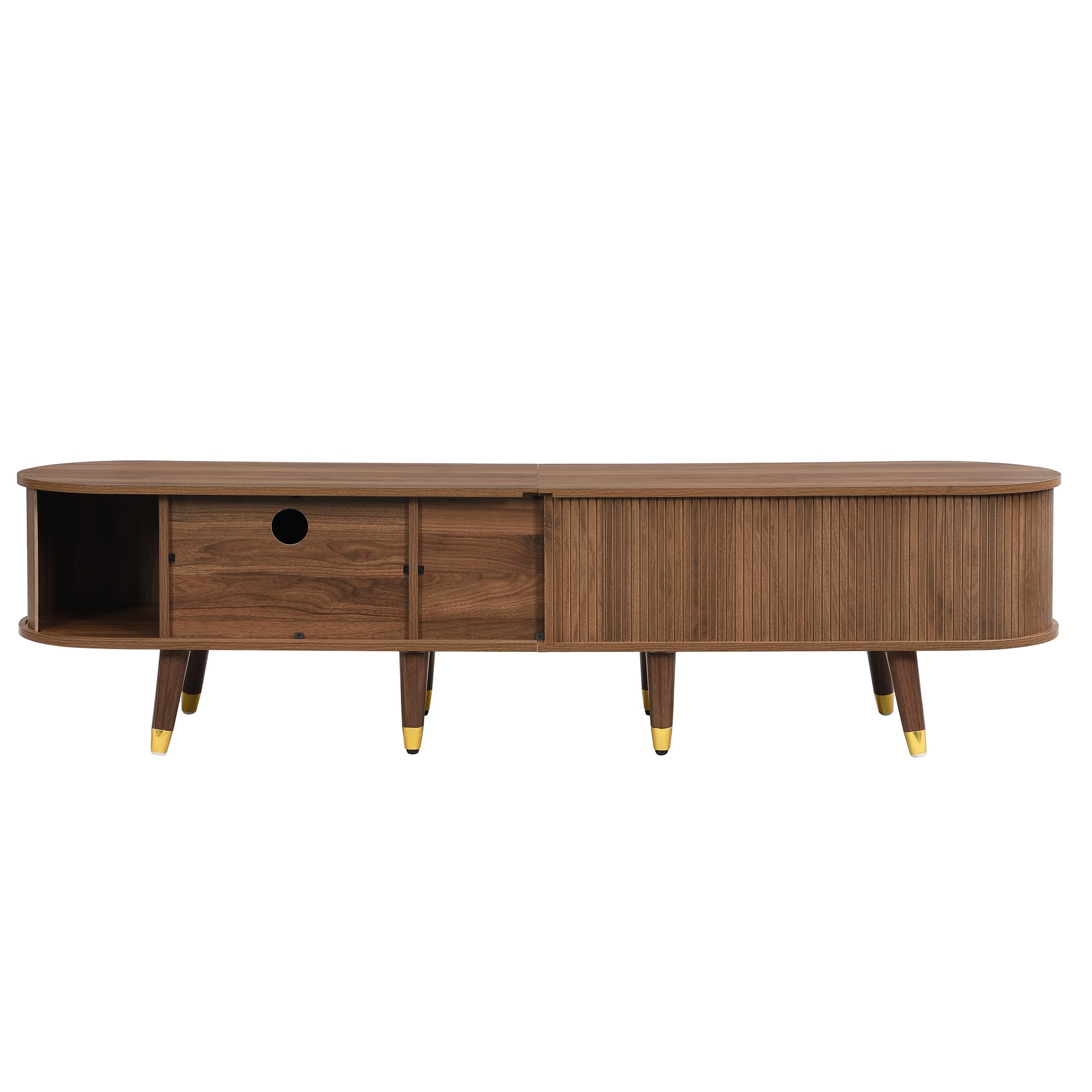 SACOOL Mobile TV stile rustico, 175 cm, con porta scorrevole in rattan, effetto noce e molto spazio di archiviazione, tavolo per TV in MDF con scomparti aperti, cassetti e armadietto, design naturale