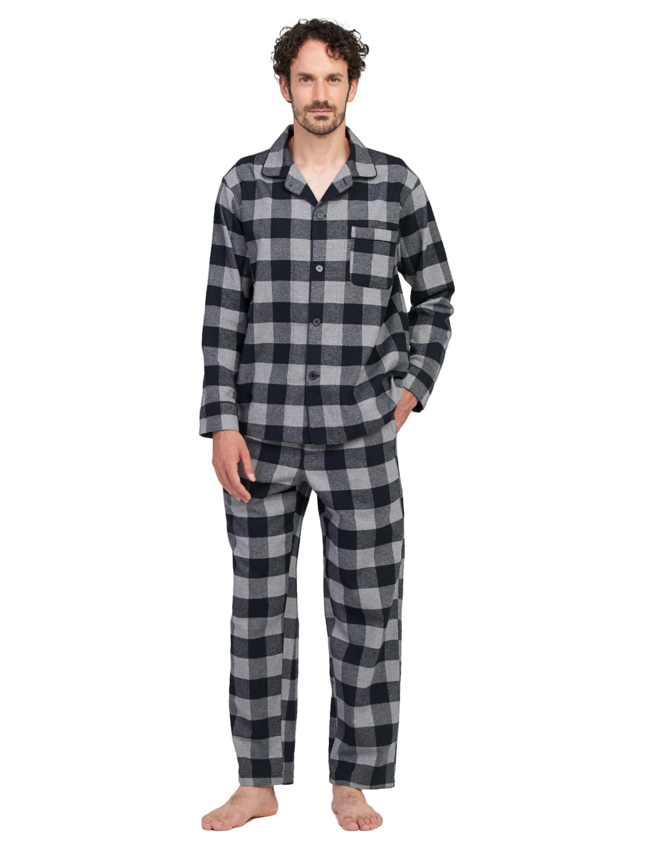 LAPASA 100% Cotone Flanella Completo Pigiama da Uomo a Quadri con Tasche e Coulisse, Set Maglia & Pantaloni M95