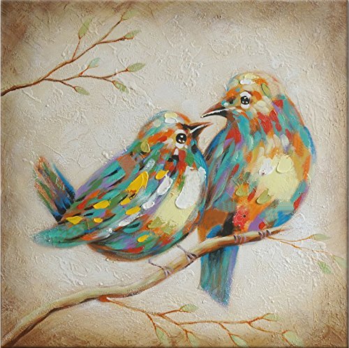 Y8Y 100% Hand Painted Oil Painting Animal Colorful Birds Painting with Stretched Frame Wall Art for Home Decor Ready to Hang (16X16, Quirky Birds).