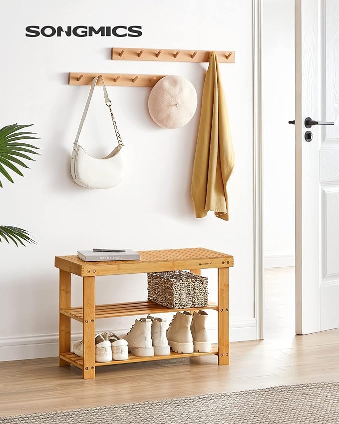 Image of FEELING MALL Living Bamboo 3 Tier Shoe Rack Small Bench, Outdoor Shoe Rack Weatherproof - Shoe Rack with Bench, Bathroom Bench, Shoe Organizer for Entryway, Hallway, Living Room (Natural Bamboo)
