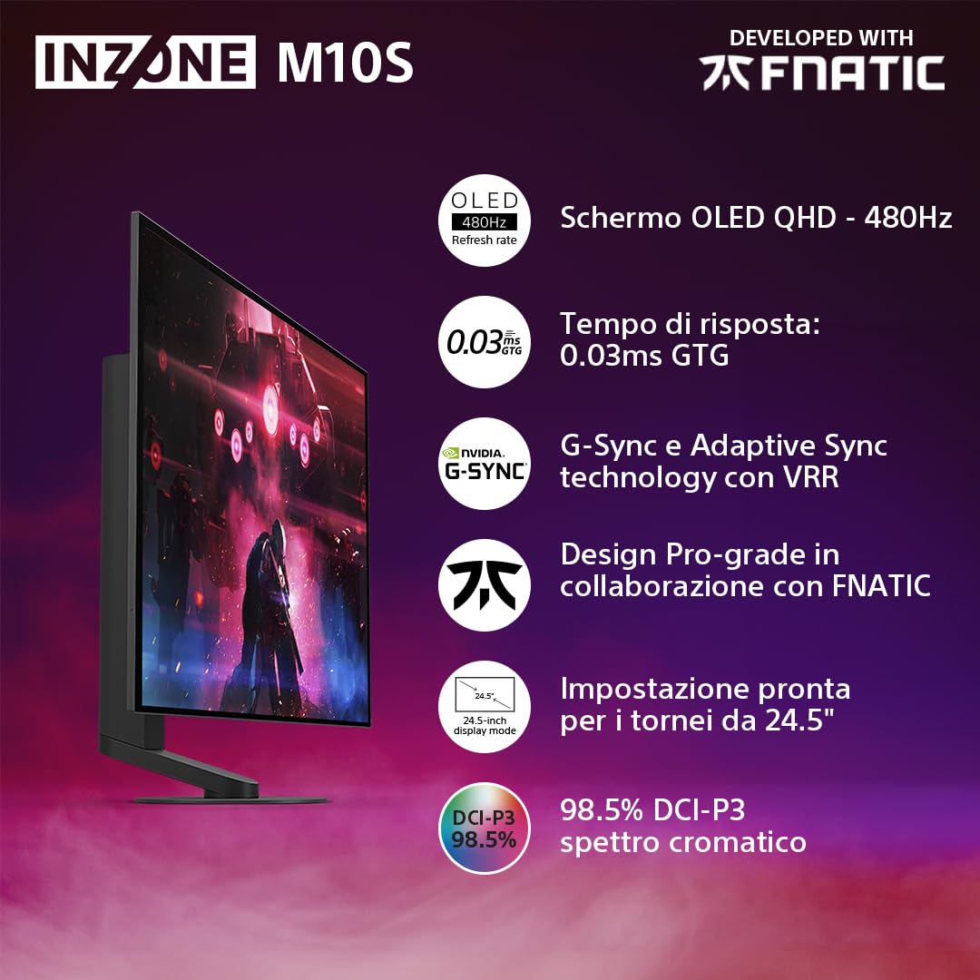 PC Gaming Monitor Sony INZONE M10S OLED QHD da 27": 1440p, 480 Hz, 0,03 ms GTG, DCI-P3 98,5%, G-Sync, Adaptive Sync, VRR, modello sviluppato con Fnatic, 1300 nit, DisplayPort 2.1-2 x HDMI 2.1- PC, PS5