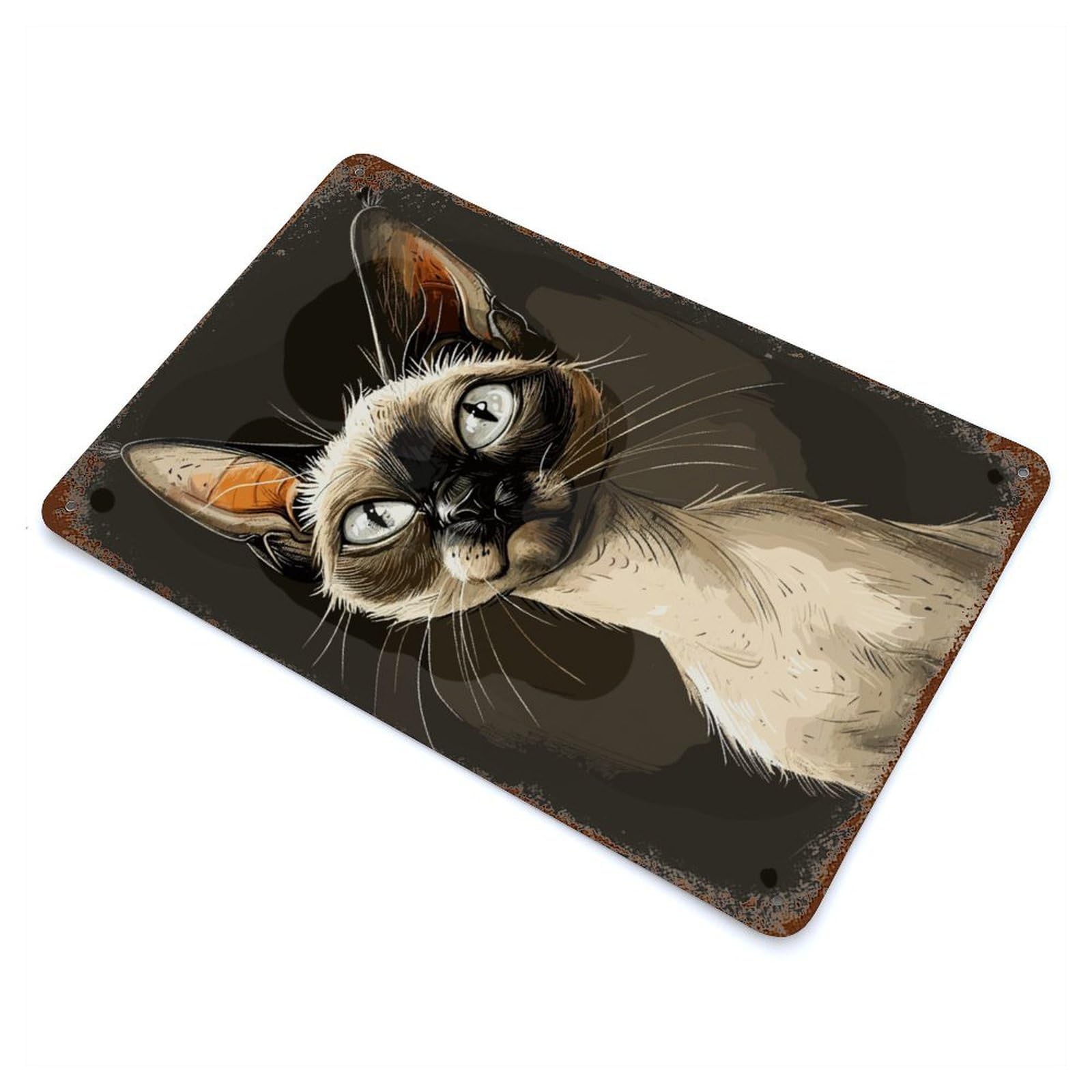 Siamese Cat Caricature Aged Metal Wall Plaque 11.8"x7.9", Industrial Home Decor for Pub, Kitchen And Man Cave Decor