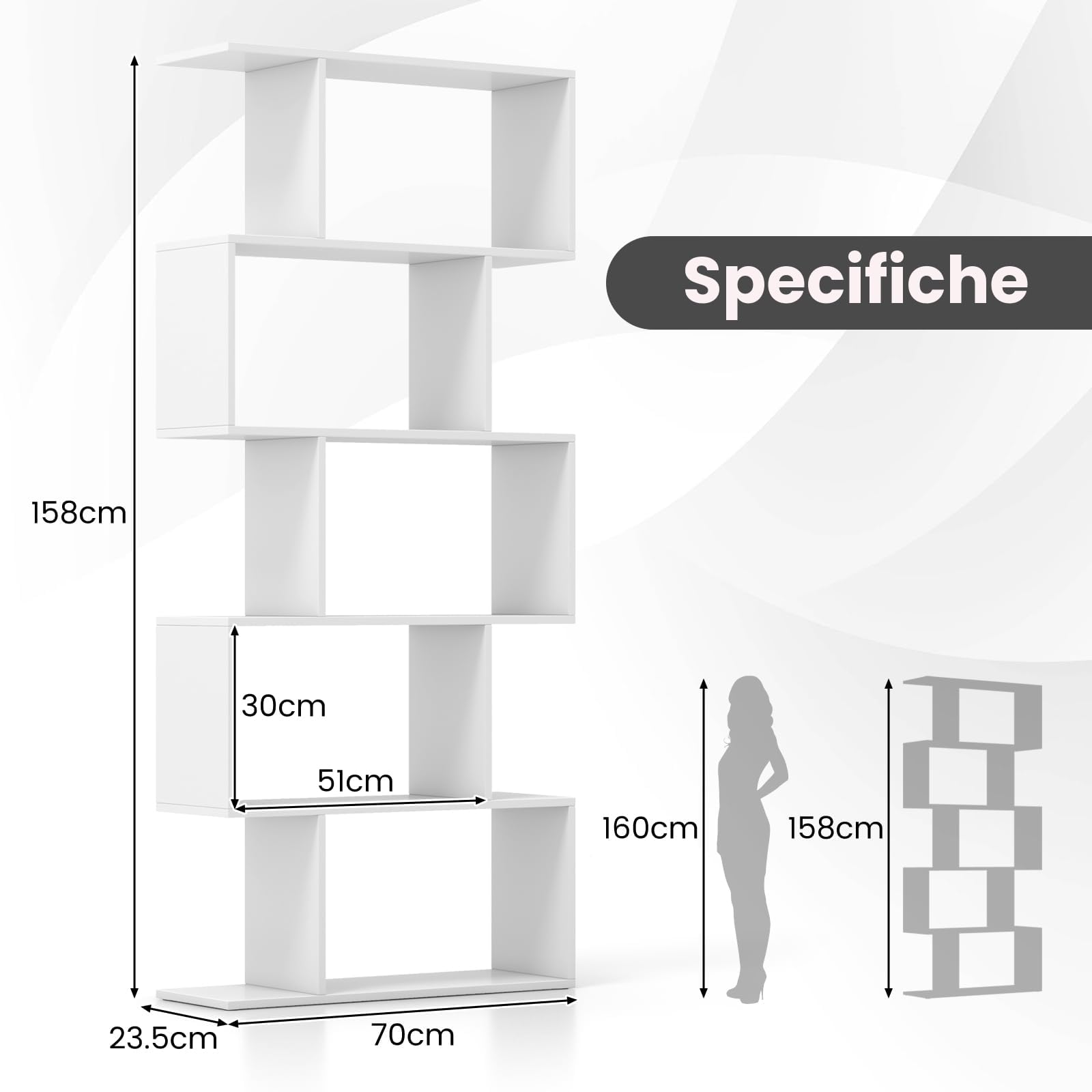 HOMASIS Libreria a Forma di S, Scaffale di Stoccaggio con 5 Livelli, Libreria Scaffale da Terra in Legno, Scaffale Divisorio Verticale per Soggiorno, Camera da Letto, Ufficio, 70x23,5x158cm (Bianco)