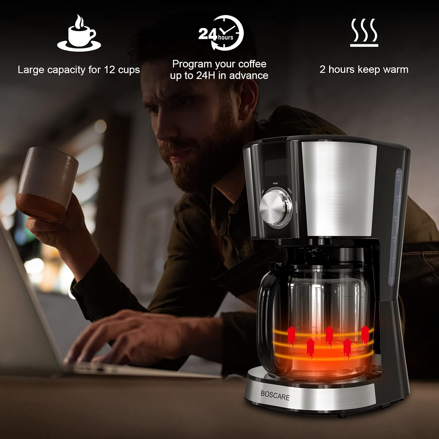 BOSCARE 12-Cup Coffee Maker: Programmable Drip Coffeemaker with Reusable Filter, Multiple Brew Strength, Keep Warm, Black