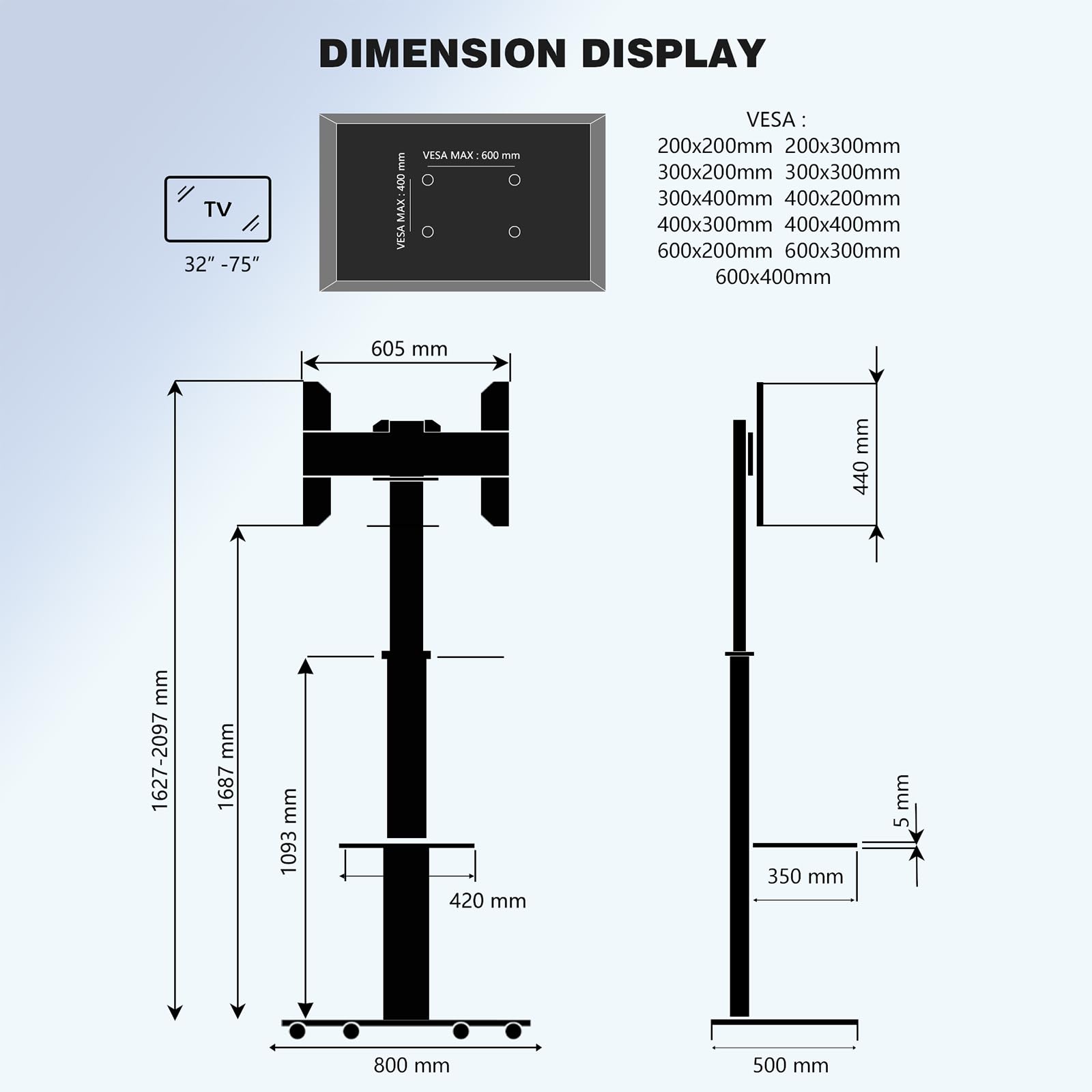 Proton Support TV Mobile sur roulettes avec étagère, Noir, Base en Verre, 209 cm
