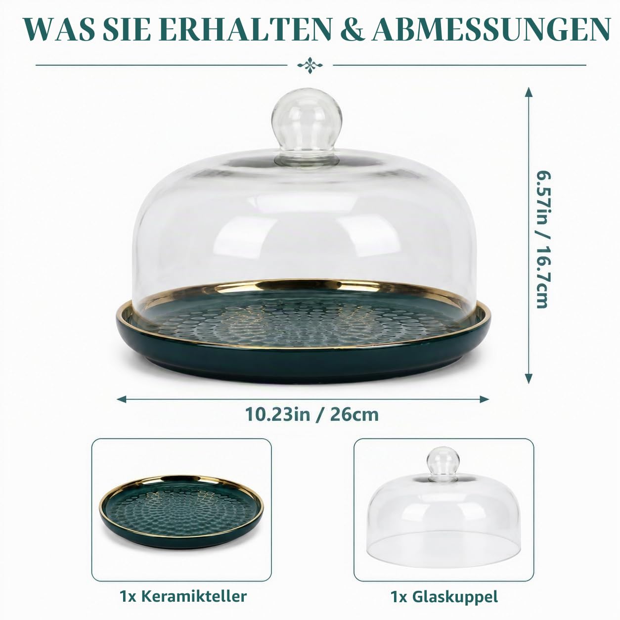 Cabilock Cabilock Kuchenständer Mit Glasglocke, Keramik Tortenplatte 10 Zoll, Grüne Keramik-Tortenplatte mit klarer Glasglocke für Kuchen, Käse und Desserts