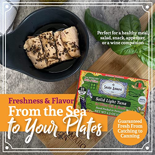 Image of Santo Amaro - Artisanal Wild Tuna Fillets in Olive Oil & Basil, Pole & Line Wild Caught Tuna from Portugal Hand-Packed Venice-Style! Canned Tuna Fish, 22g Protein, Paleo, Keto, Low Mercury, Pack of 3