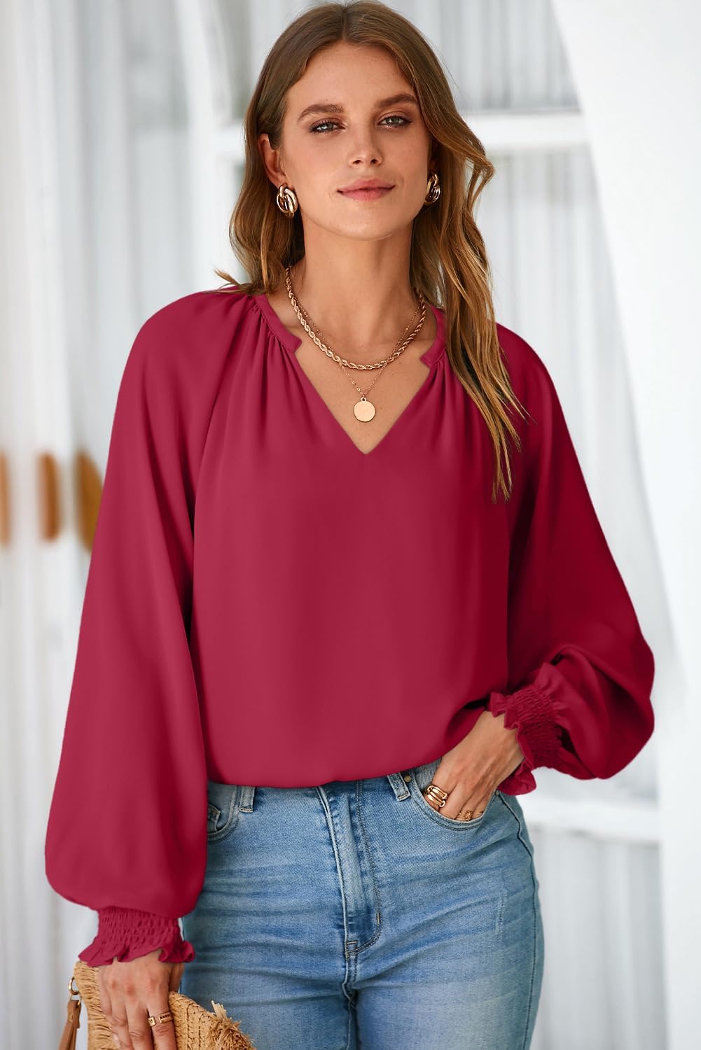 Dokotoo Womens Blouses Dressy Casual Flowy Boho Tops V Neck Long Sleeve Shirts - Image 2