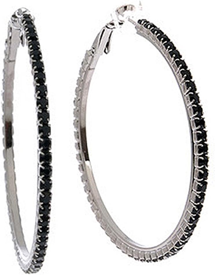 Rhinestone Hoop Earrings - 2.75" (Diameter) Silver/Black