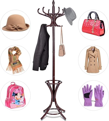 Miniatura 5 de GOFLAME Perchero independiente de 73 pulgadas, árbol de madera con 12 ganchos y soporte para paraguas, árbol de entrada, organizador para colgar