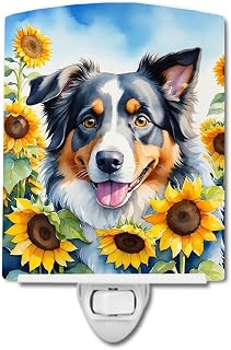 Australian Shepherd in Sunflowers Ceramic Night Light Compact, UL-Certified, Ideal for Bedroom, Bathroom, Nursery, Hallway, Kitchen, 6x4x3, Multicolor