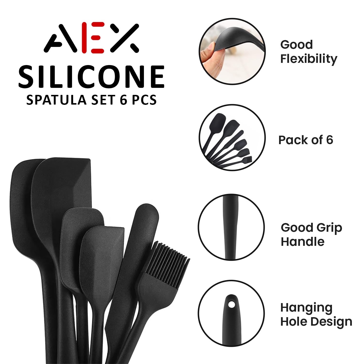 AEX 6X Silikon Spatel für Kochutensilien Küche Set Antihaft Leicht zu Reinigen Spatel Löffel Set mit Backpinsel Antihaft und Hitzebeständig (Schwarz)
