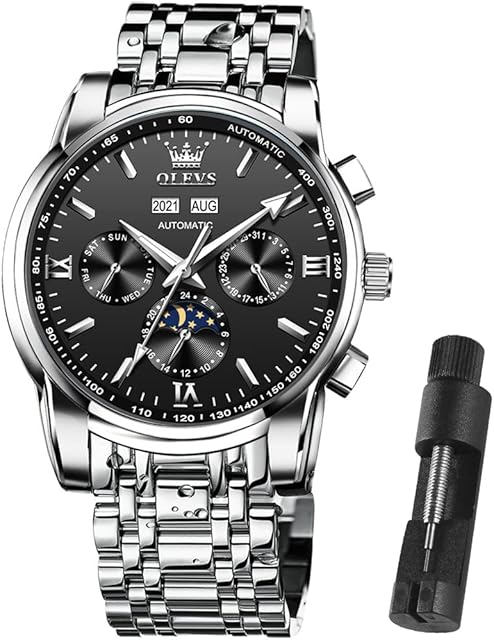 OLEVS Automatic Watches for Men, Big Face Stainless Steel Men Dress Watch, Self Winding Waterproof Men Tourbillon Skeleton Watch, Luminous Day and Date Men Analog Watch