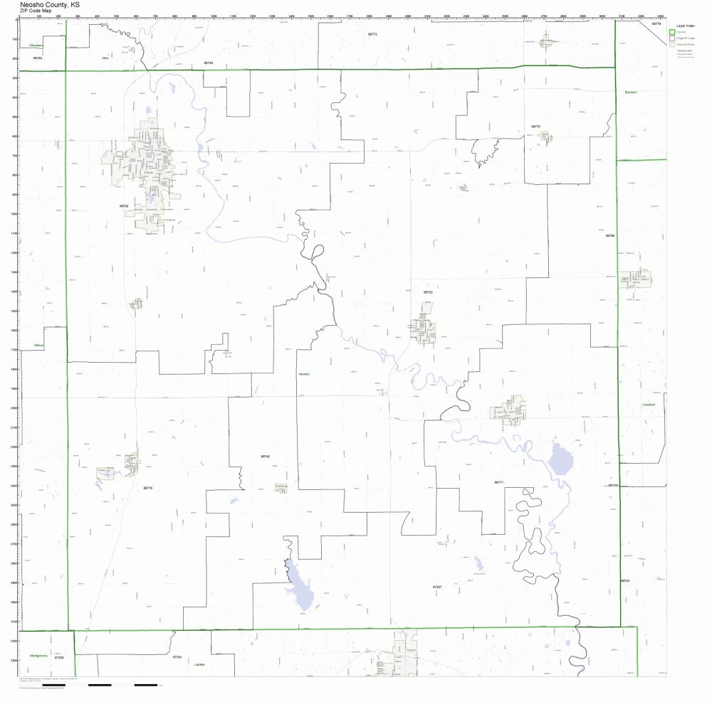 Neosho County, Kansas KS ZIP Code Map Not Laminated