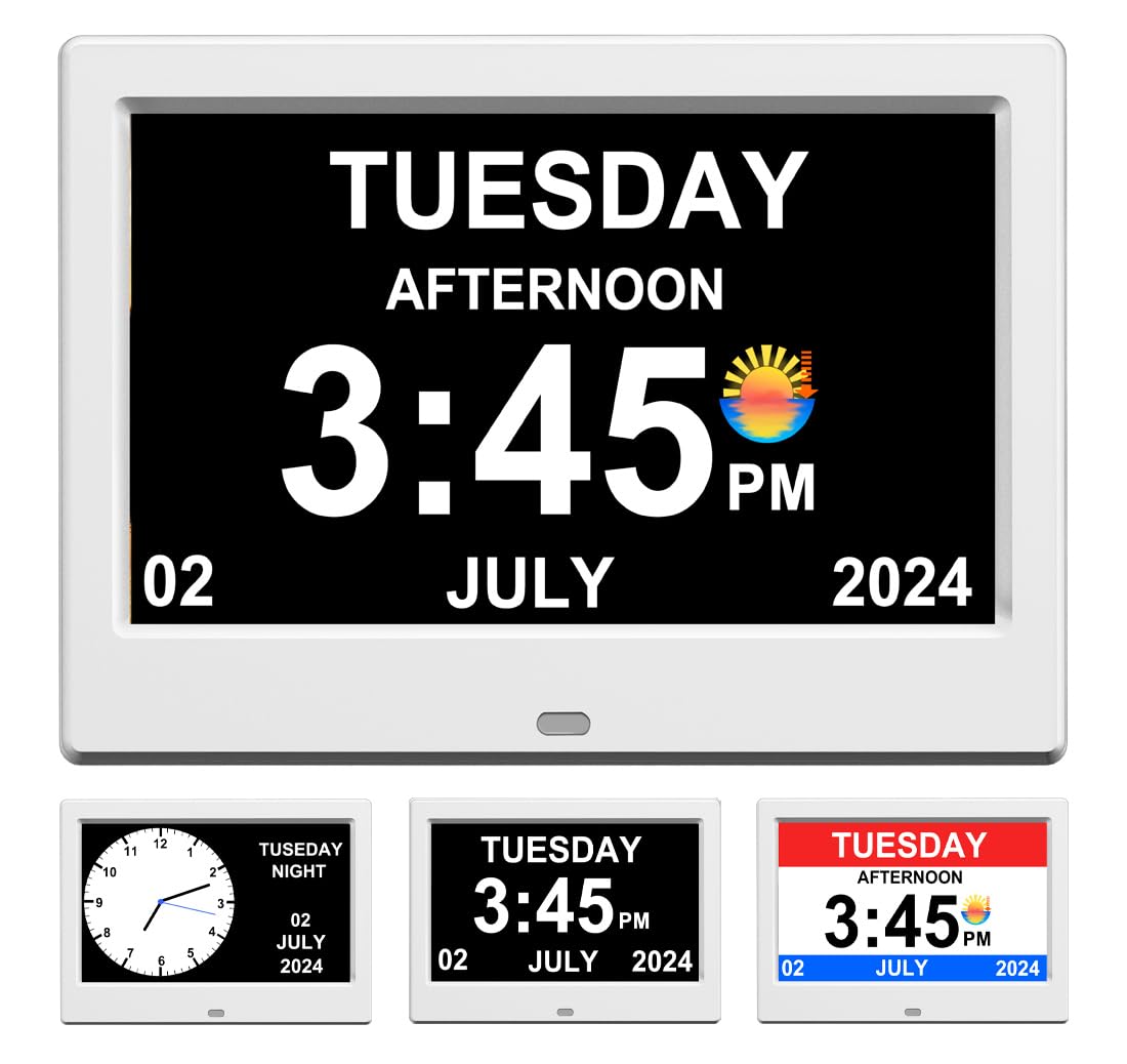 Alarm Clock with Day and Date for Elderly, Digital Calendar, Photo Frame, Automatic Dimmable Display, 15 Alarm Options (7 inch White)