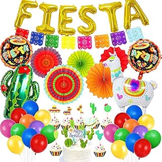 CHMMY Mexican Party Decorations Fiesta Party Decorations Rainbow Birthday Decorations with Colorful Paper Fans Alpaca Cactus Foil Balloons Cake Topper for Carnivals Cinco de Mayo Birthday Party