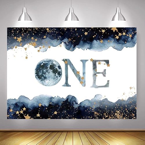 Miniatura 8 de Mocsicka Fondo de cumpleaños con texto en inglés "We're are Over The Moon" para decoración de fiesta de cumpleaños con temática de luna para niños,