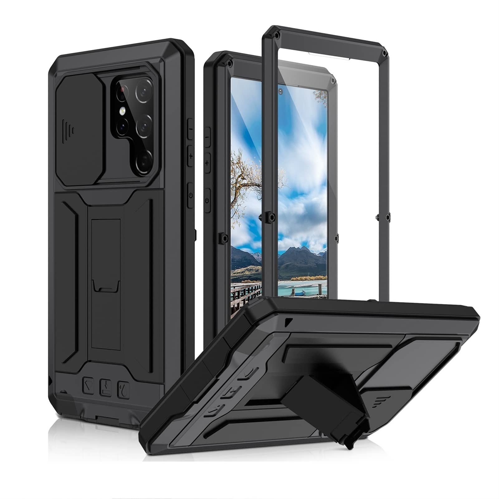Czke Black Aluminum Metal Case With Screen Protector For Samsung Galaxy S22 Ultra Case, Military Armor Heavy Duty Shockproof Kickstand Full Cover (Color : Size : S22 Ultra)