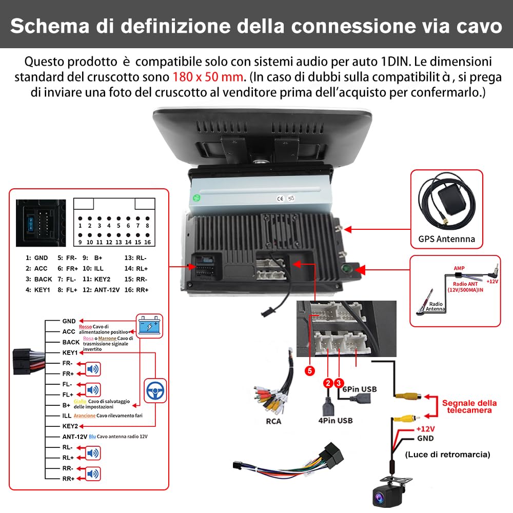 AWESAFE Universale Autoradio 1 din con Schermo (Rimovibile), Android 13 (2+64GB) 10.1" Car Radio con CarPlay Android Auto GPS Bluetooth WIFI FM RDS