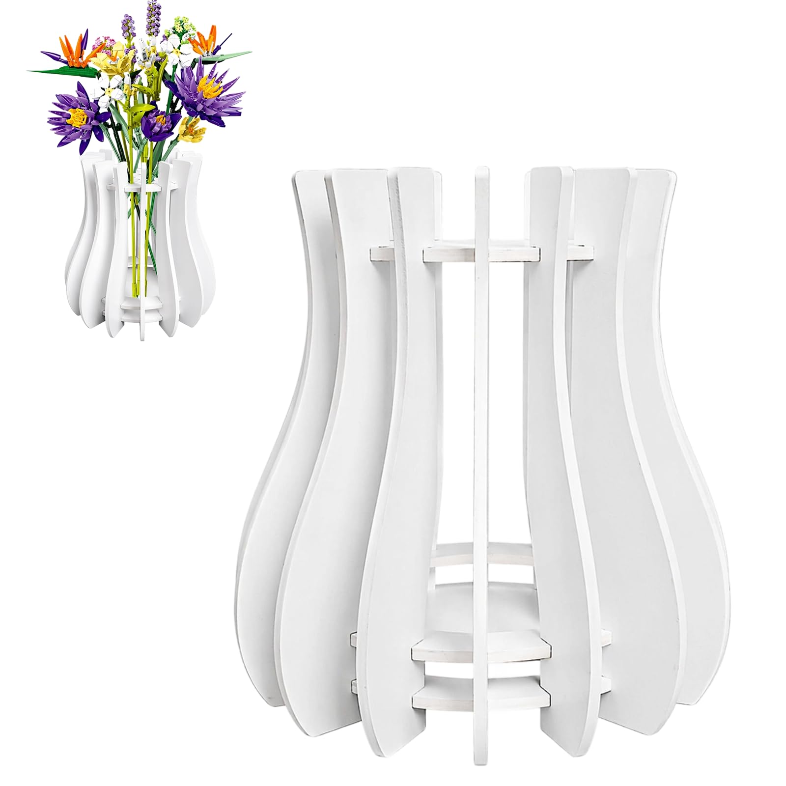 Wooden Vase for Lego Flowers Bouquet, Puzzle Lego Flower Vase Display Stand for Lego Botanicals, Roses, Sunflowers, Tulips, Unique Gift for Lego Flowers Adult(White)