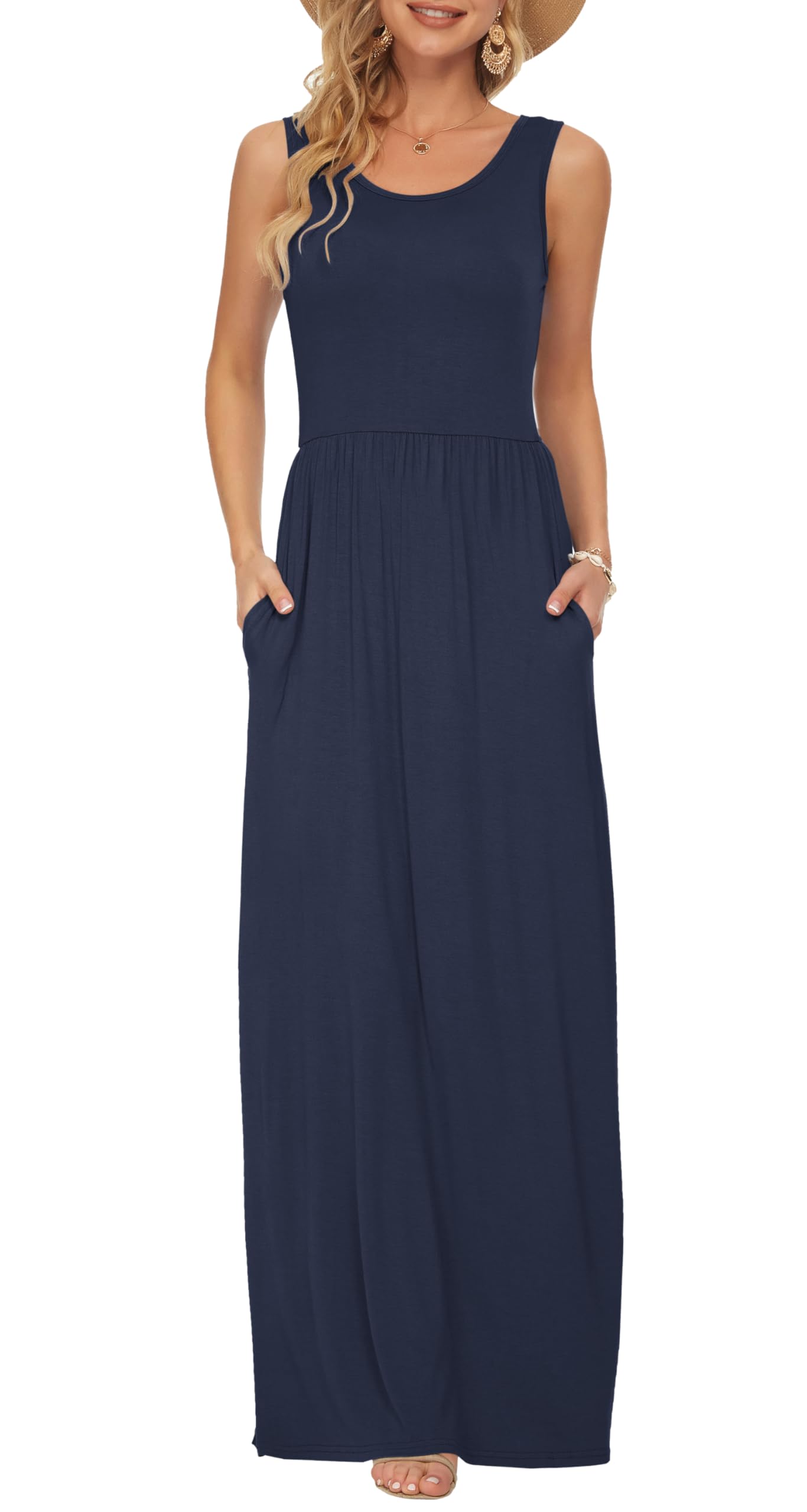 AUSELILY Damen Sommer Ärmelloses Lockeres Maxikleid Lässiges Langes Kleid mit Taschen