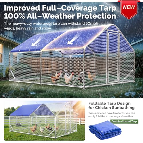 Sino Luban Large Metal Chicken Coop Run for 20 Chickens/Ducks, Chicken Runs for Yard with Waterproof Cover, Chicken Enclosure Pen Outdoor, Walk-in Poultry Cage (Upgrade Top & Corner Support Brace)