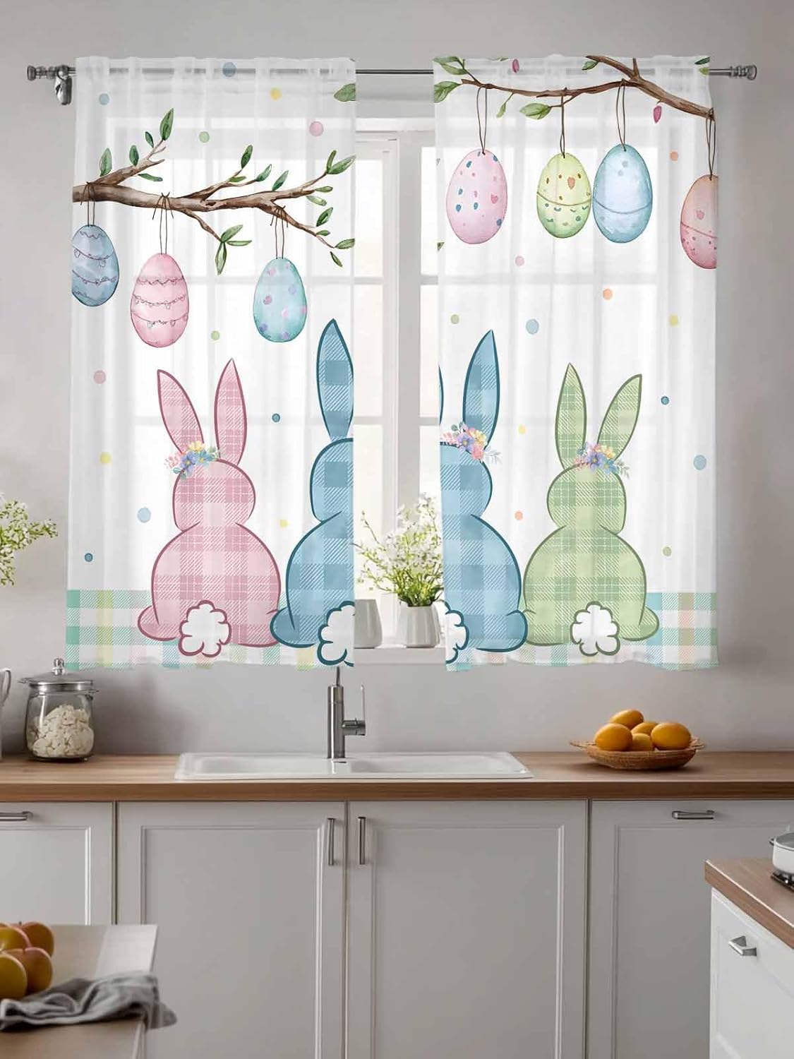 Easter Bunny Sheer Curtains 72 inches Long 2 Panels Set Rabbit Easter Eggs Blue Pink Green Plaid Polka Dots Sheer Window Curtain Rod Pocket Voile Drapes for Living Room/Bedroom, Each 52" W x 72" L