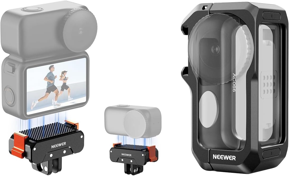 NEEWER AC056 Magnetic Quick Release Mount Adapter with Folding Finger 1/4" Thread + AC066 Metal Camera Cage Compatible with DJI Osmo Nano Only, Action Camera Accessories for Vlog Video Recording