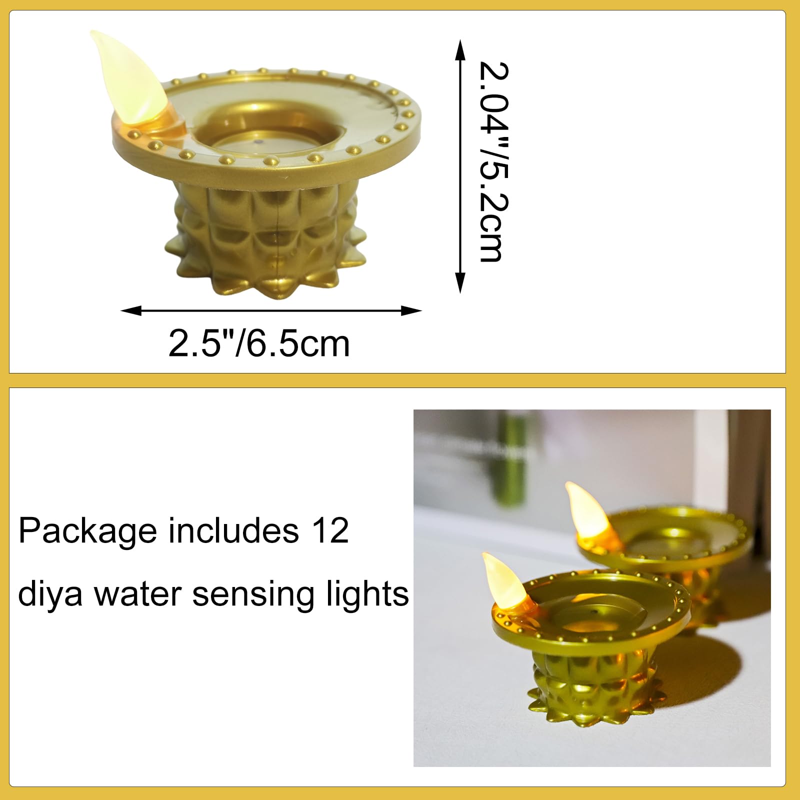 Lot de 12 lampes Diwali Diyas - Lumières LED dorées - Étanche - Sans flamme - Lampes à huile pour centres de table - Temples indiens Pooja - Cadeau de pendaison de crémaillère