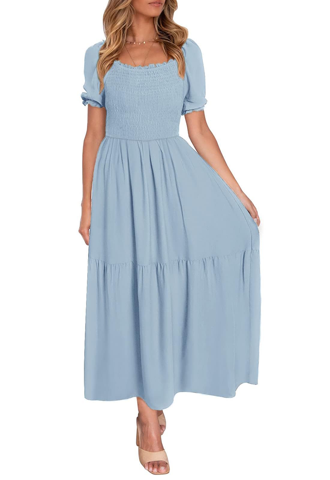 ZESICA Womens 2026 Summer Boho Floral Ruffle Maxi Dress | Square Neck Dress, Swing A Line Dress, Puff Short Sleeve, Ruched Long Dresses, Flowy Pleated Dress, Beach Vacation Dresses