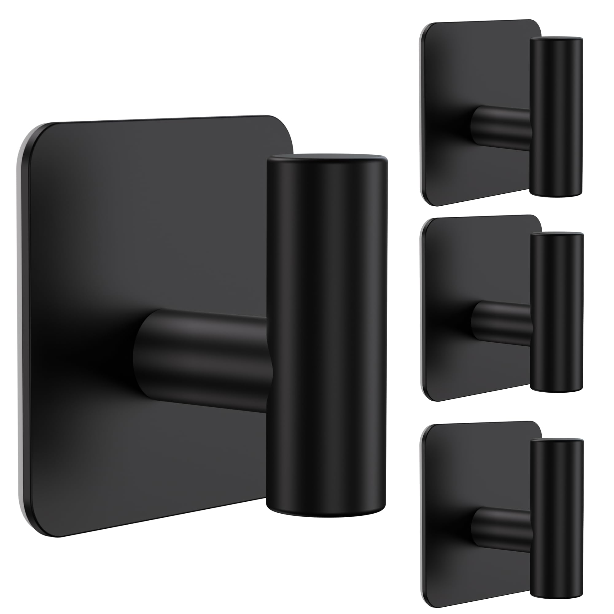 Aikzik Large Self Adhesive Hooks - 26lb Max, Stick on Hooks Heavy Duty Stainless Steel, Strong Sticky Hooks for Hanging Coats, Bathrobes and Towels, Tea Towel Holder for Door or on Wall, Black(4 Pack)